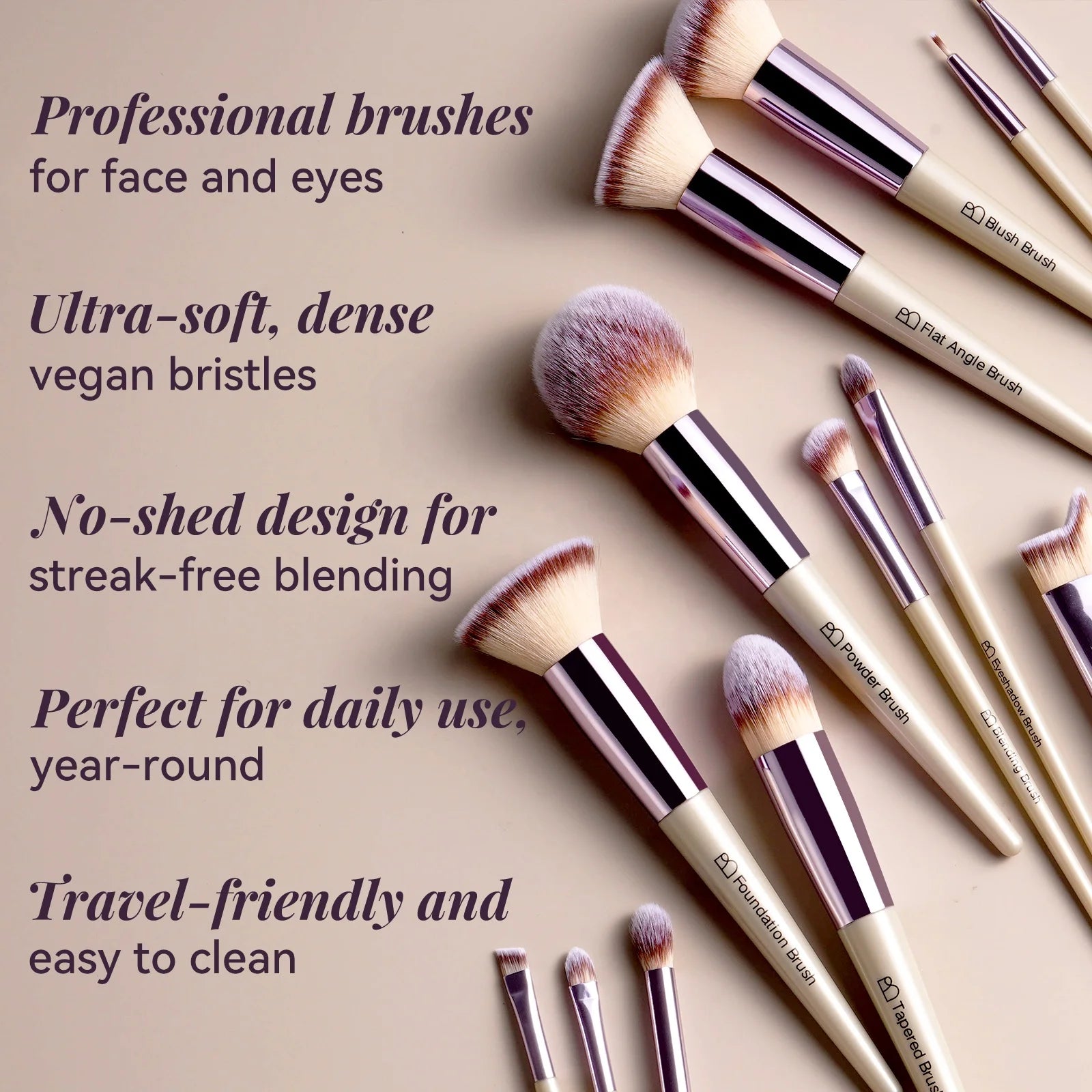 Set de Brochas de Maquillaje 18 Piezas | Veganas y Doradas