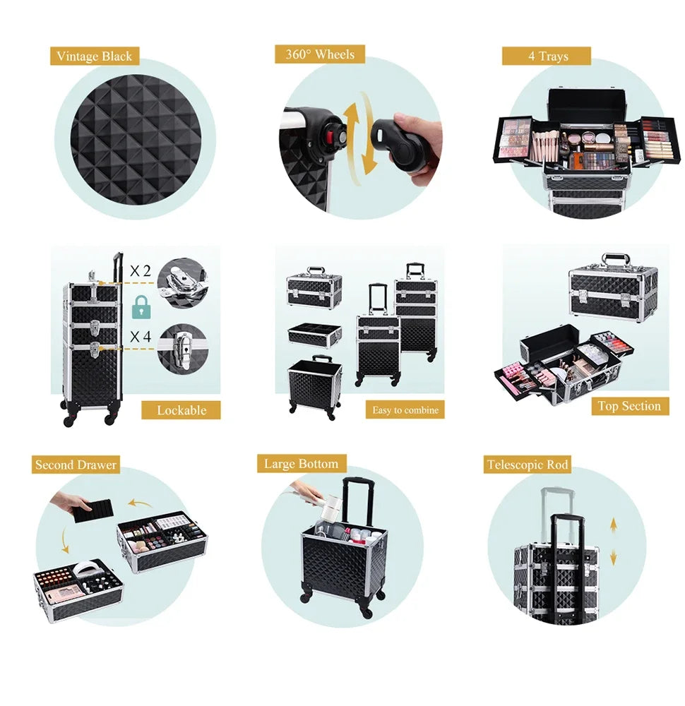 Maletín Trolley Maquillaje Profesional con Ruedas | 3 en 1